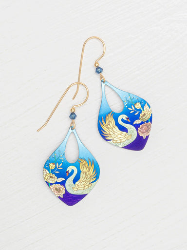 Swan Lake Earrings - A whimsical pairing of hand-painted swans and vibrant florals that make you say 'quack' with style! These earrings will have even the most serious of swans doing a double-take!