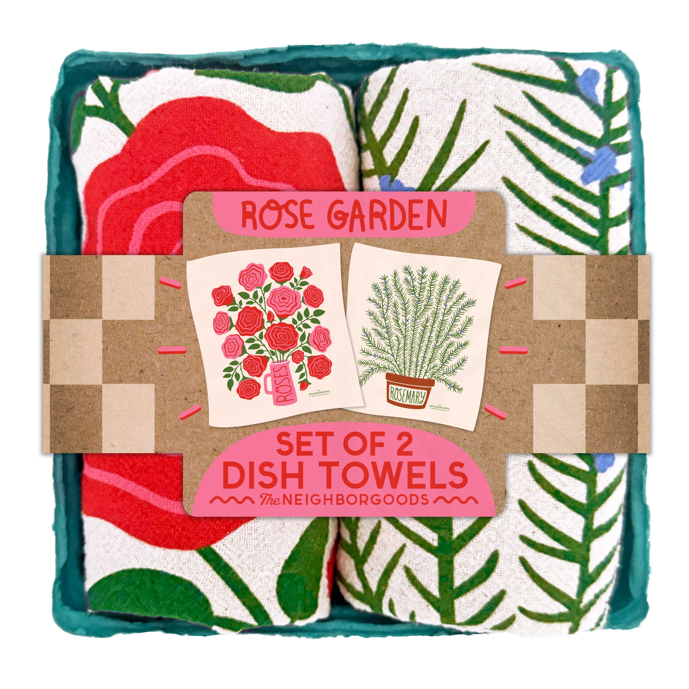 Rose Garden Tea Towel Set of 2 featuring a floral design of roses and rosemary, packaged in a stylish compostable container.