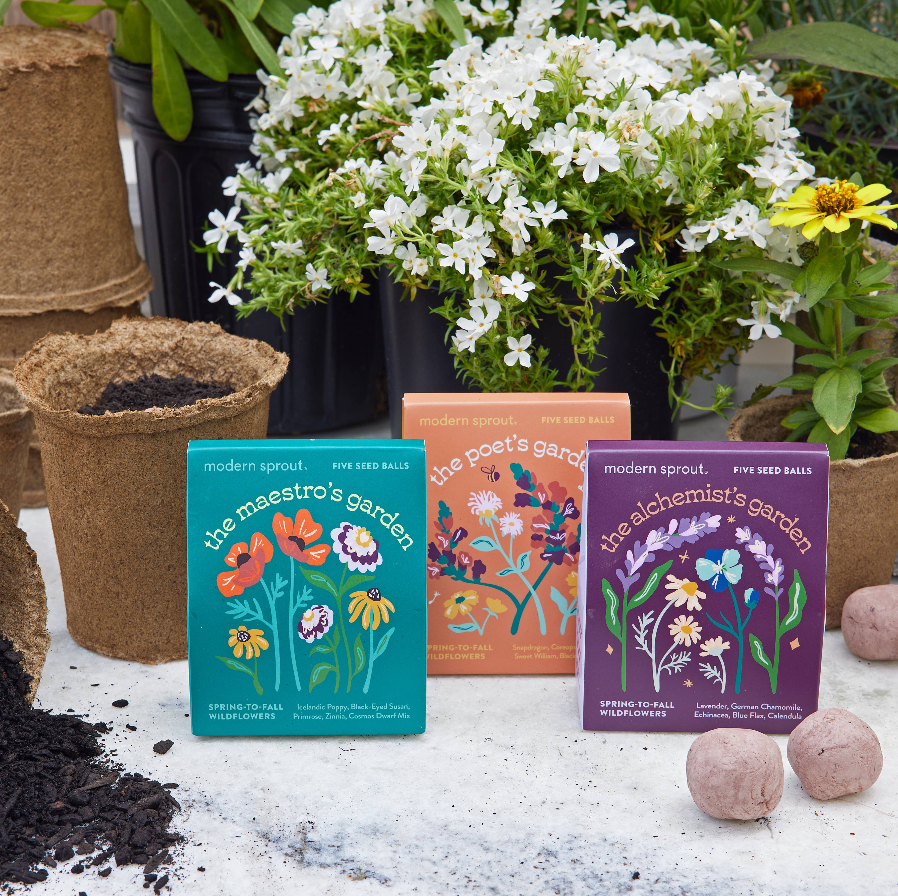 Bespoke Blooms seed ball kits by Modern Sprout showcased among potted plants and gardening supplies, highlighting The Maestro's Garden, The Poet's Garden, and The Alchemist's Garden.
