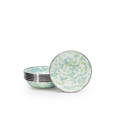 Set of six Crow Canyon Home enamel tasting dishes with distinctive Jardin swirl artwork, ideal for appetizers and small-plate service.