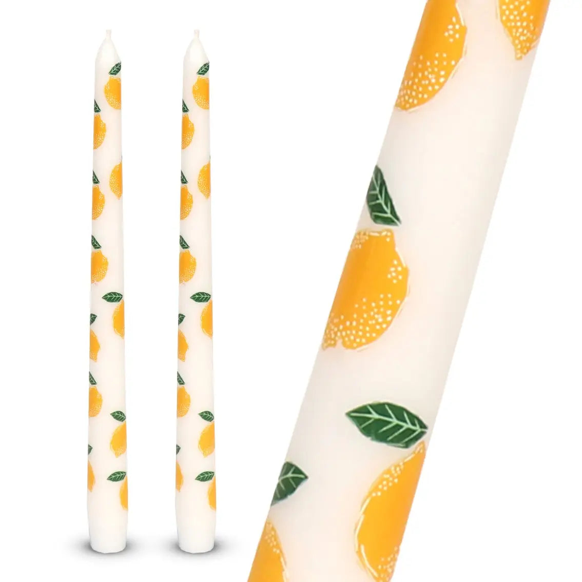 Taper Dinner Candles by Talking Tables USA adorned with vibrant lemon and leaf patterns on a cream background, ideal for decorative use.