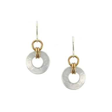 Small Double Linked Rings Wire Earrings featuring a small silver ring connected with a brass ring, showcasing modern style and subtle details.