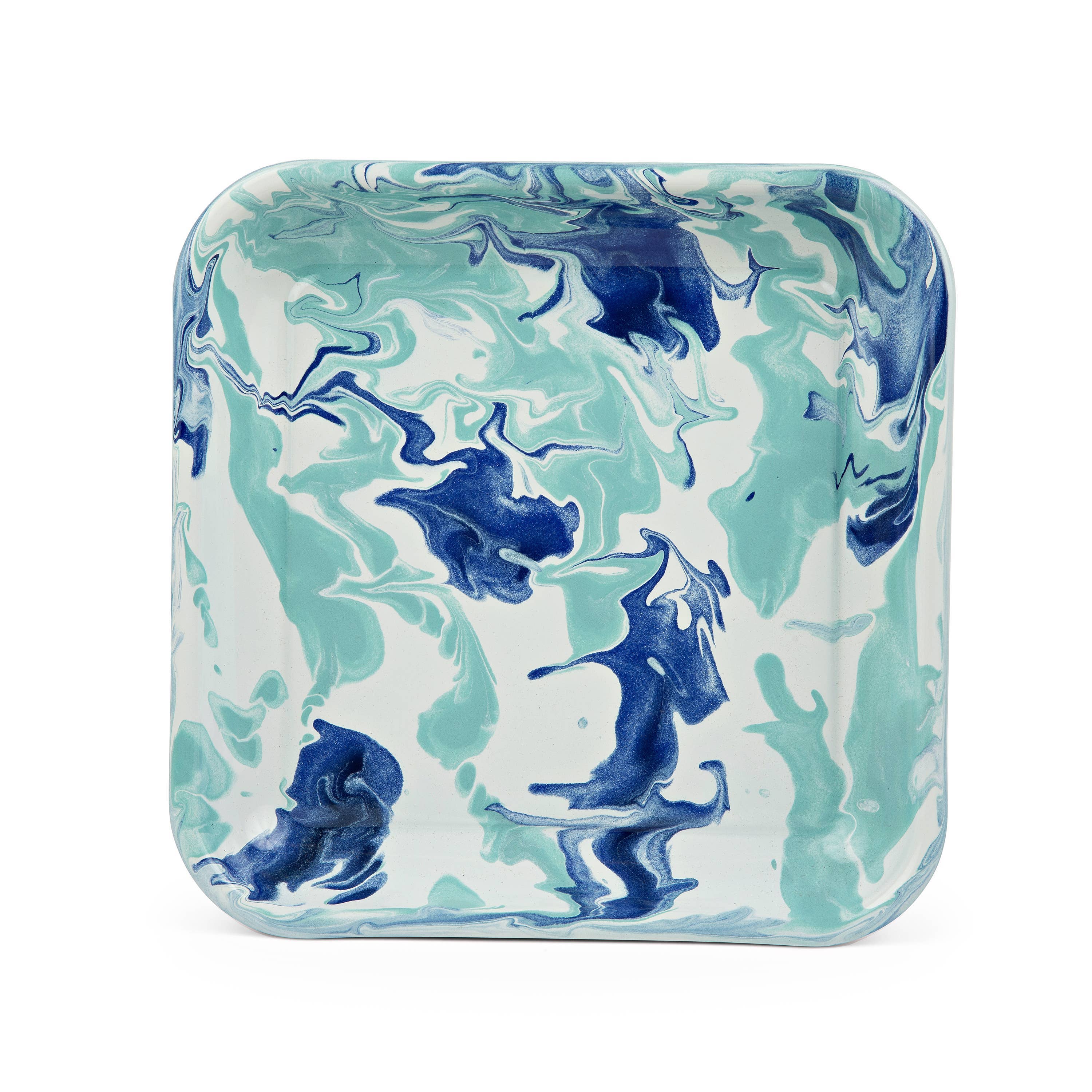 Single Lagoon Square Plate by Crow Canyon Home showcasing a vibrant marbled pattern in blue and green hues, ideal for elegant table settings.