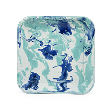 Single Lagoon Square Plate by Crow Canyon Home showcasing a vibrant marbled pattern in blue and green hues, ideal for elegant table settings.