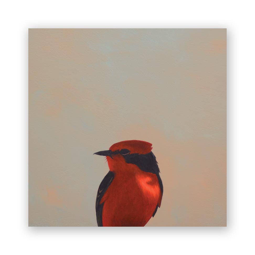 Vermilion Flycatcher Wood Wall Art Decor featuring a vibrant reproduction of bird paintings on sustainable birch wood, part of The Mincing Mockingbird's collection.