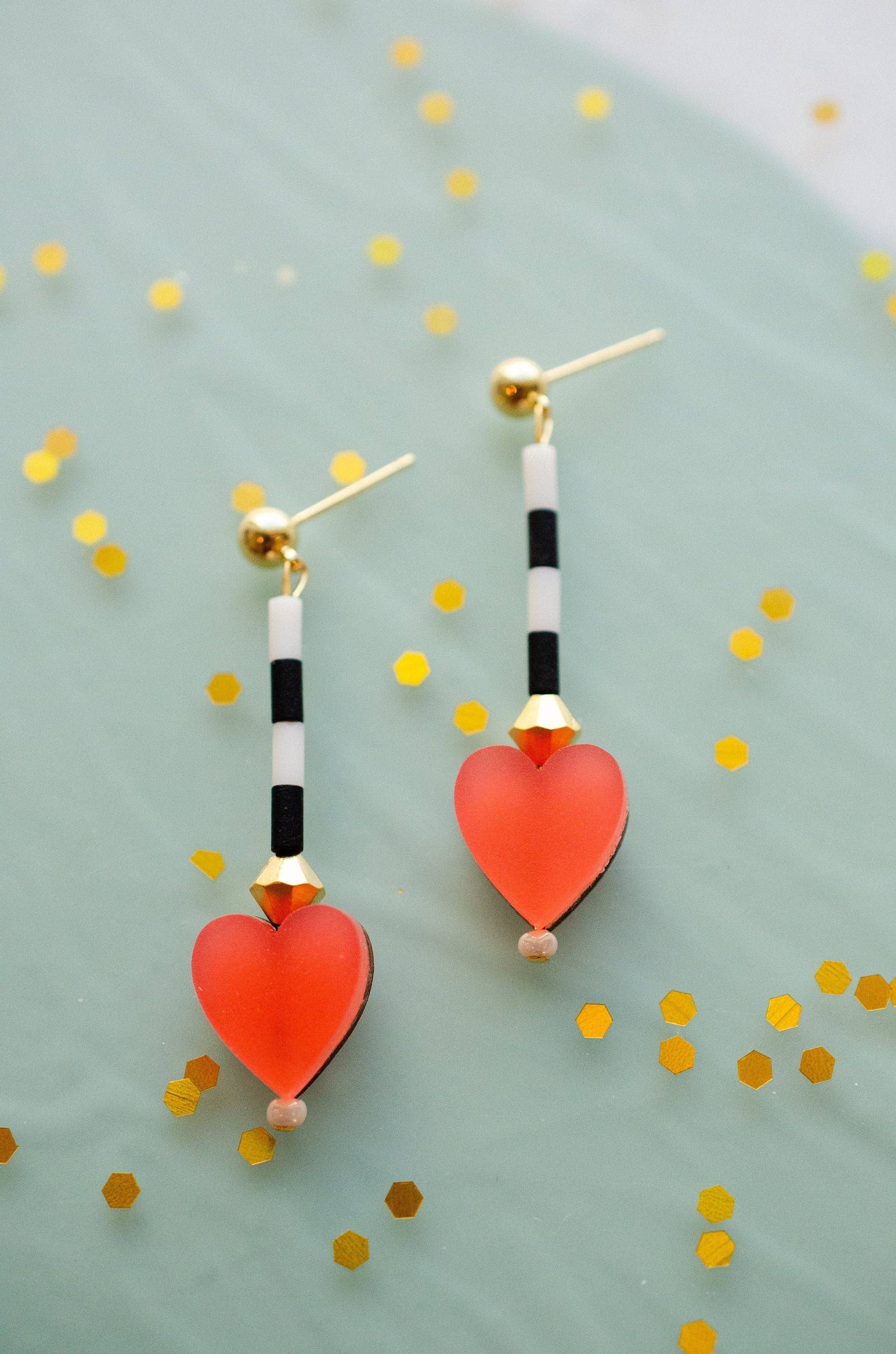 acrylic beaded drop earrings with heart