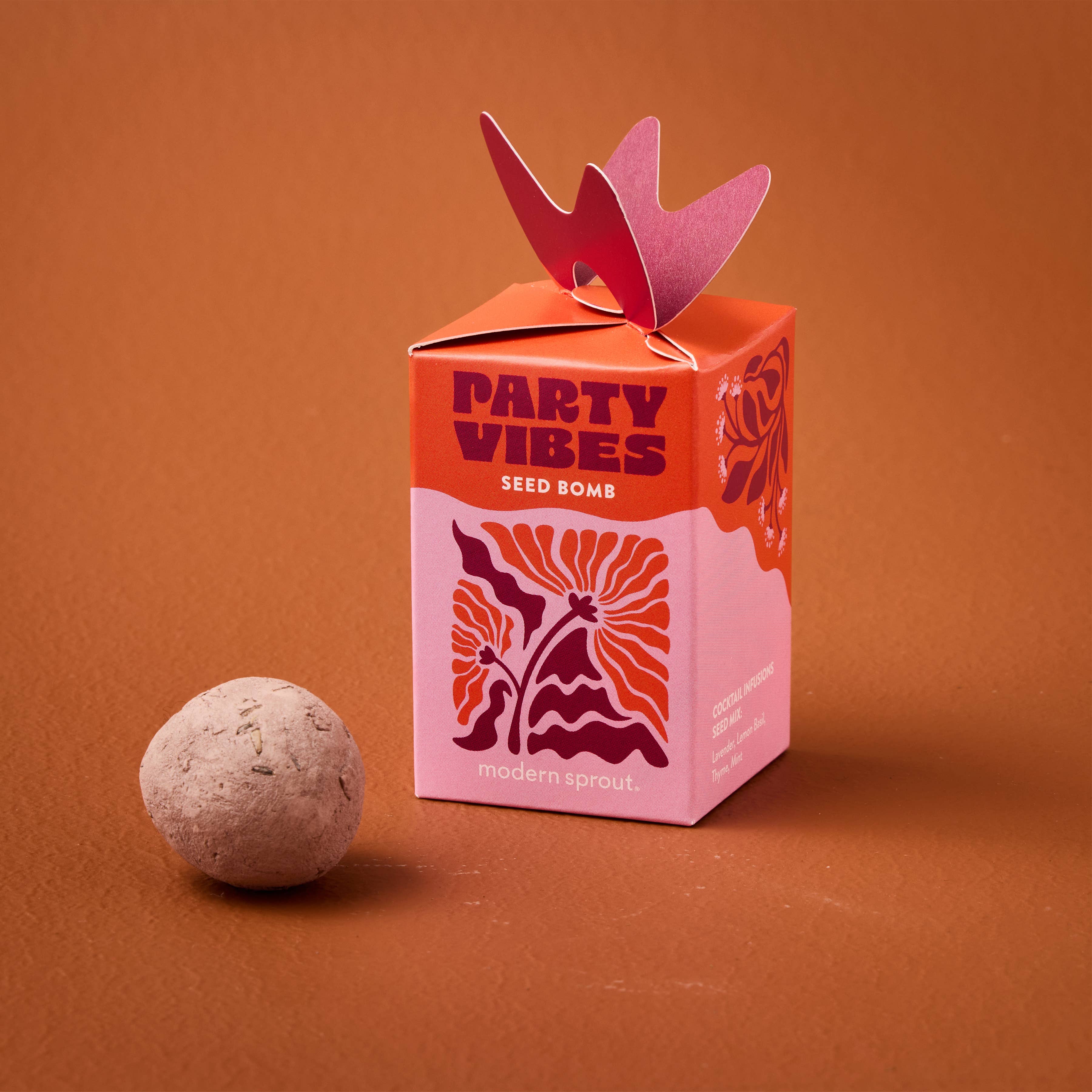 Party Vibes Seed Bomb by Modern Sprout featuring vibrant packaging and a seed ball on a textured brown background.