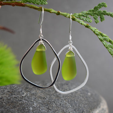 Stunning Green Eco Glass Teardrop Frame Earrings showcasing vibrant green eco glass within polished teardrop frames.