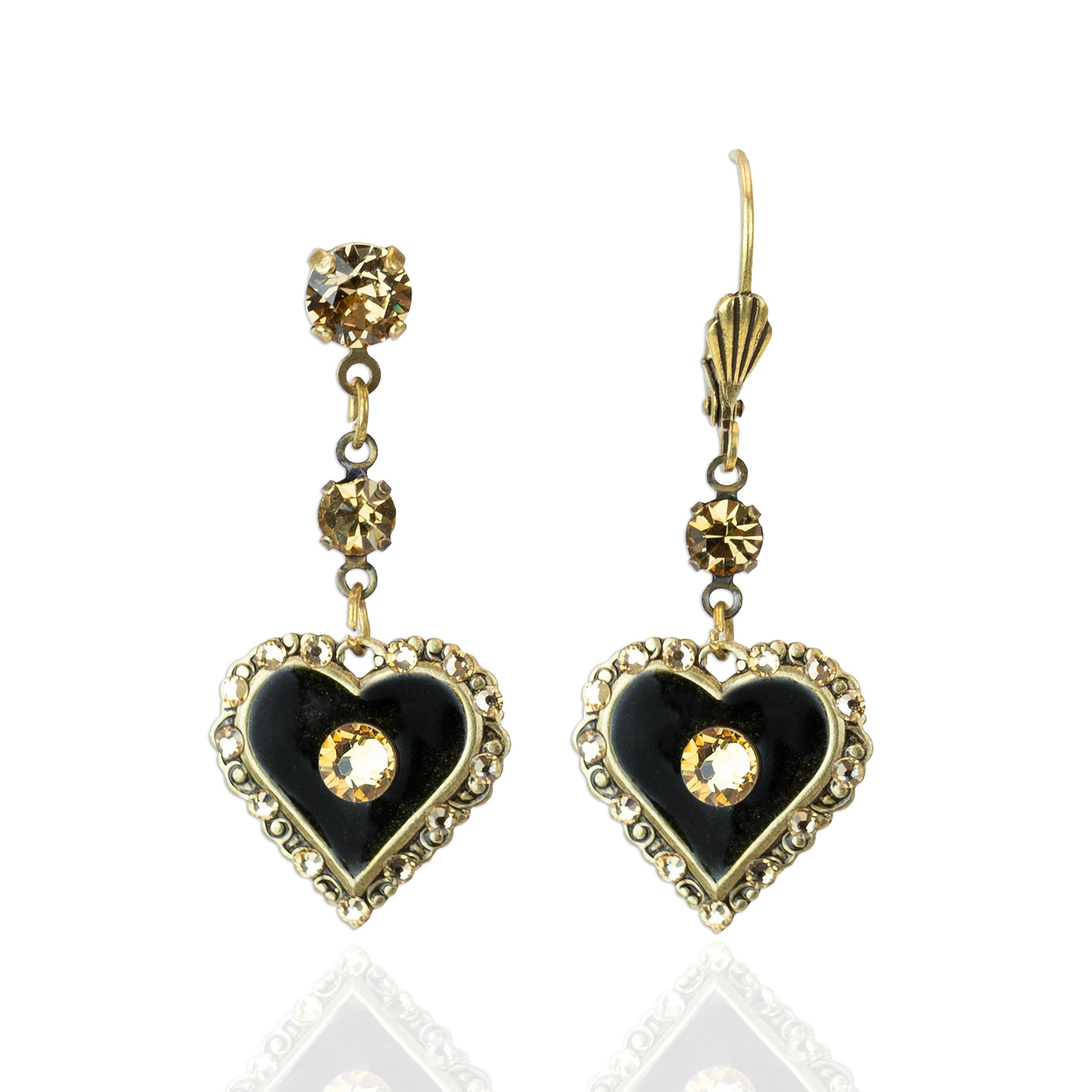 Shimmering Black and Golden Crystal Heart Charm Earring