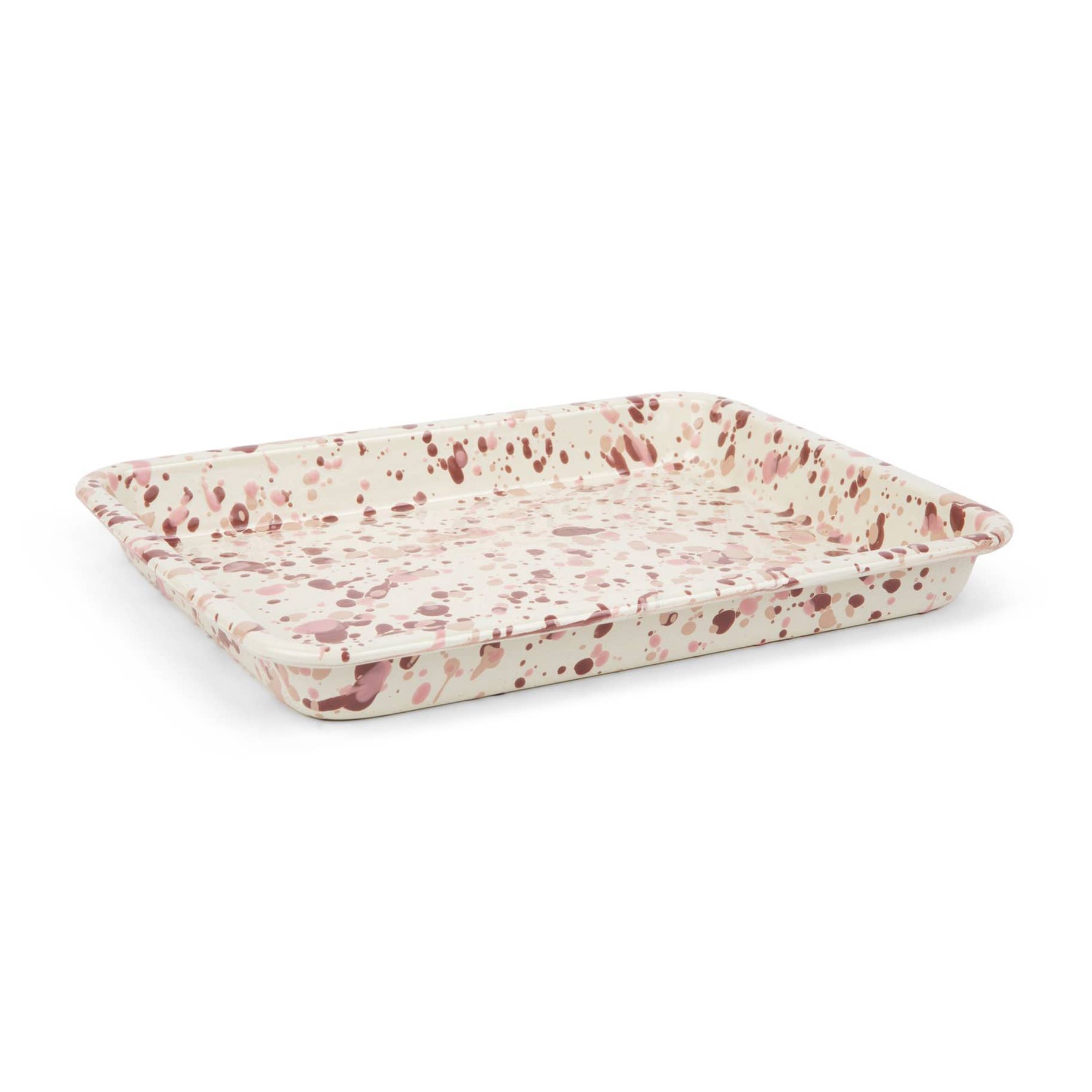 Catalina Enamelware Small Rectangle Tray by Crow Canyon Home featuring a soft pink and white speckled pattern, ideal for serving or baking.