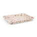 Catalina Enamelware Small Rectangle Tray by Crow Canyon Home featuring a soft pink and white speckled pattern, ideal for serving or baking.