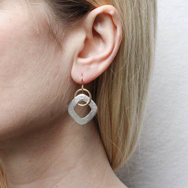 Close-up of Medium Cutout Square with Interlocking Ring Wire Earrings displaying intricate design details and dimensions of 1 inch wide by 1.1 inches tall.