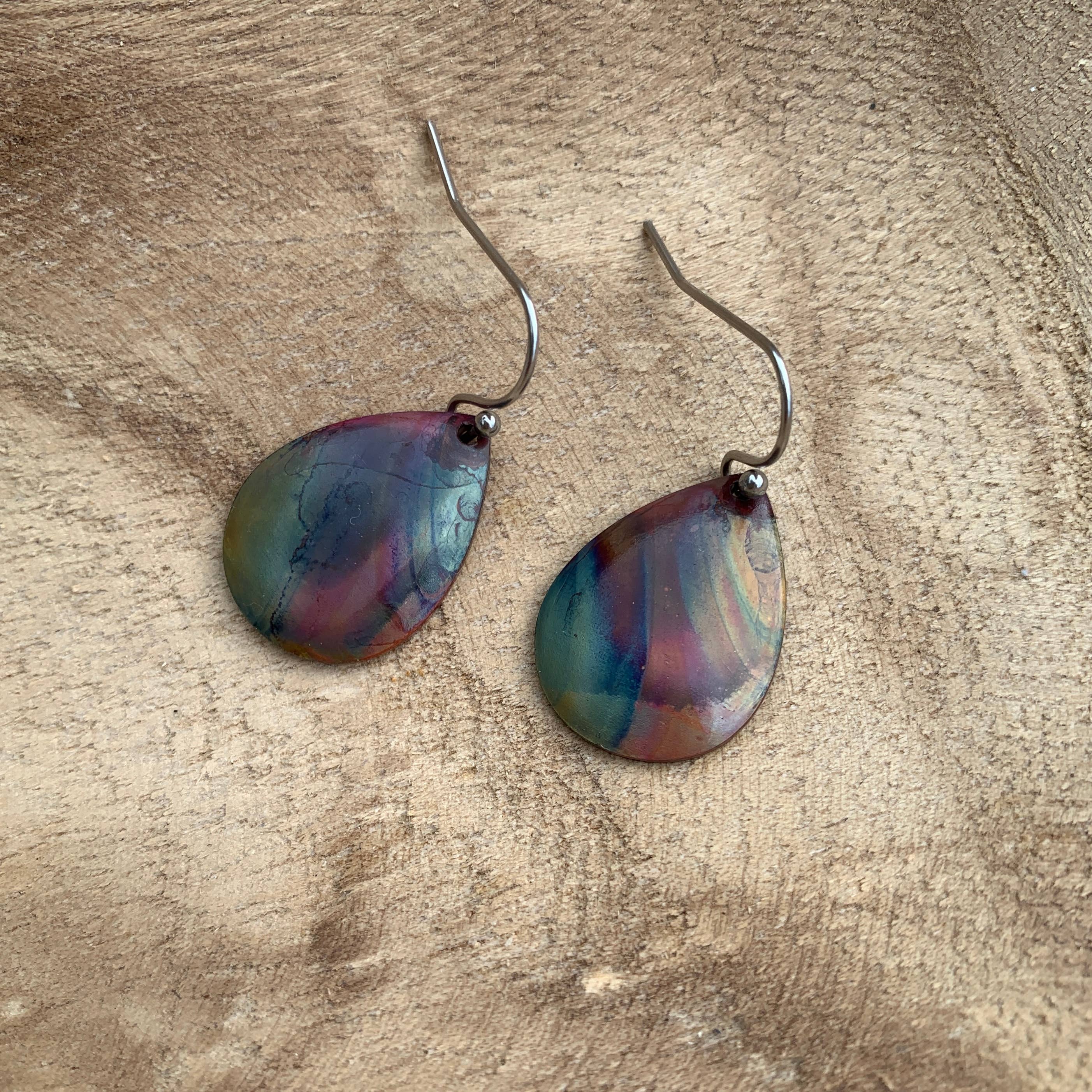 Small Teardrop Fire Painted Copper Earrings