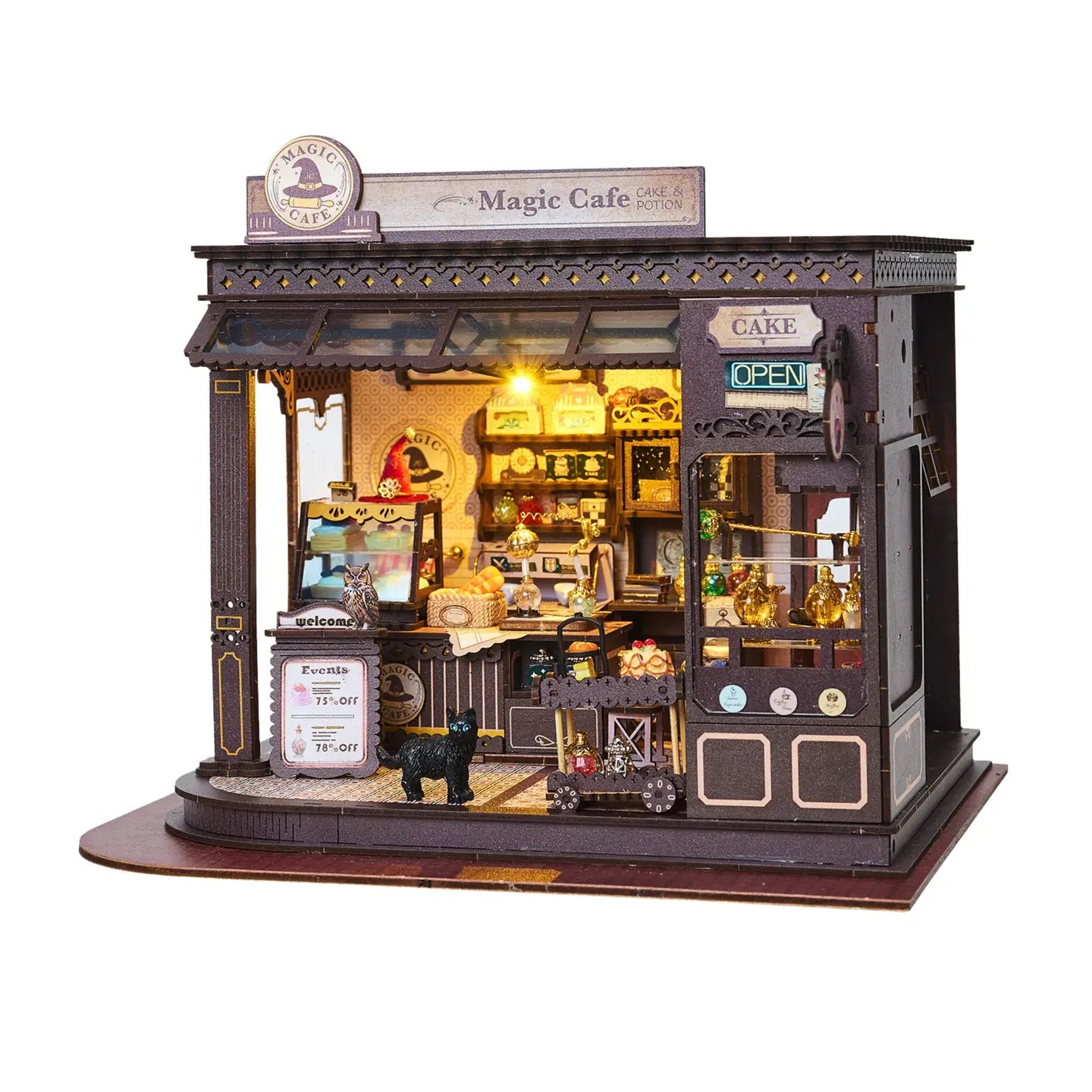 Elegant layout of a DIY Miniature Dollhouse Kit featuring the Magic Cafe by Hands Craft, designed with intricate details and inviting elements including lighting.