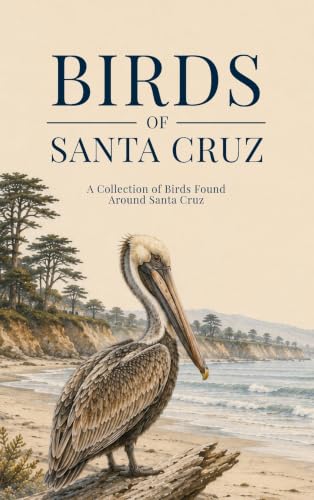 Illustrated guide cover of 'Birds of Santa Cruz', showcasing local bird species and scenic landscapes like sandy beaches and redwood forests, perfect for birdwatchers and nature lovers.