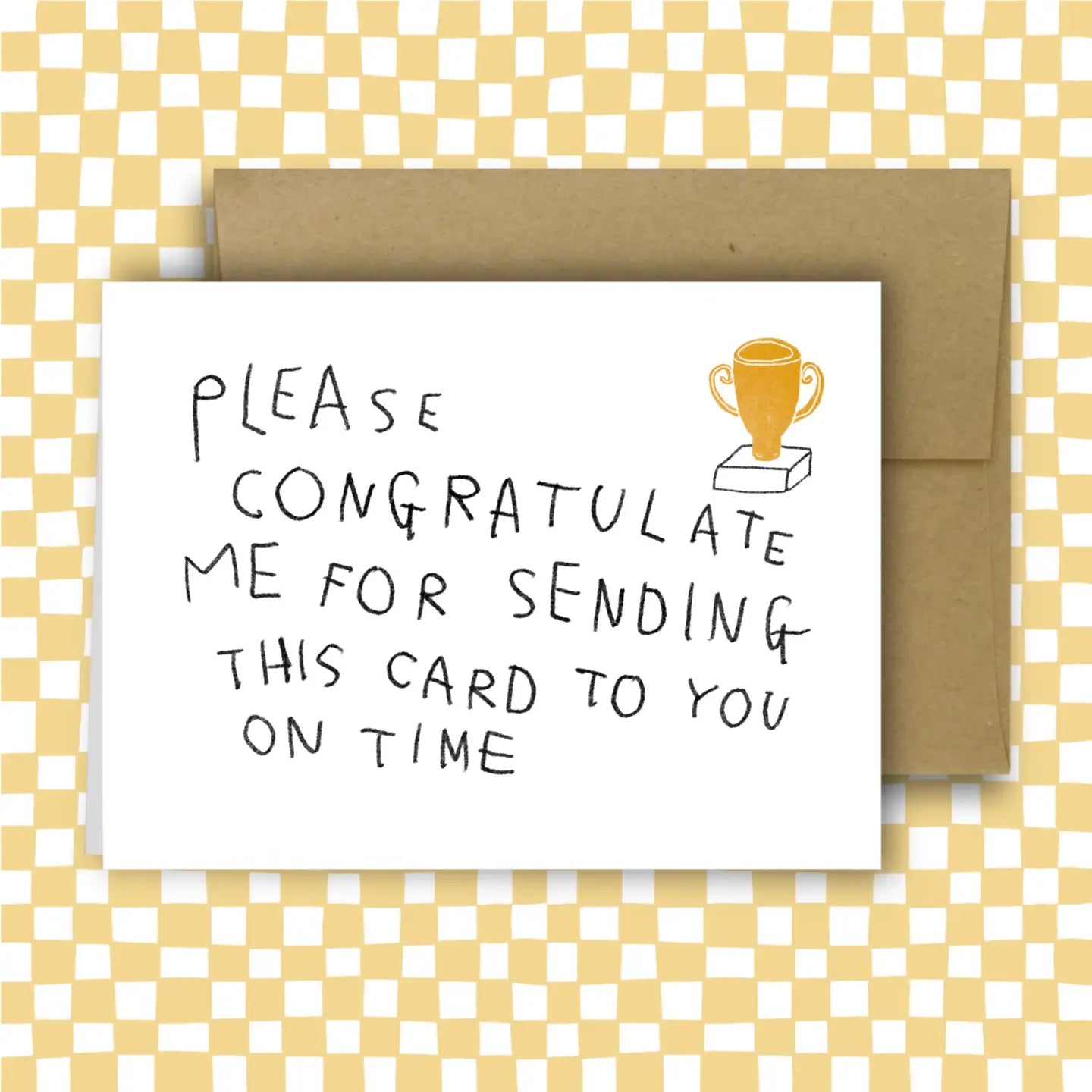 Greeting card with trophy illustration and text on a checkered background