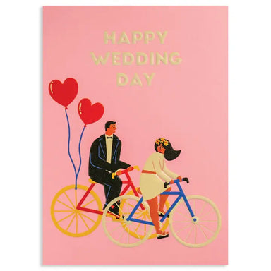 Happy Wedding Day couple riding bikes Greeting Card