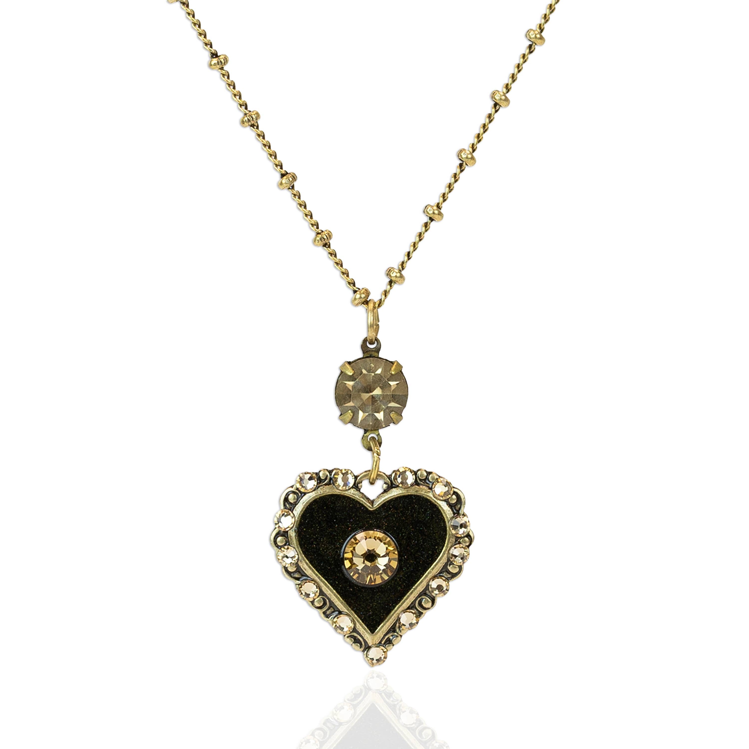 Shimmering Black and Golden Crystal Heart Charm Necklace