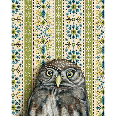 Framed art print of an owl on a patterned background
