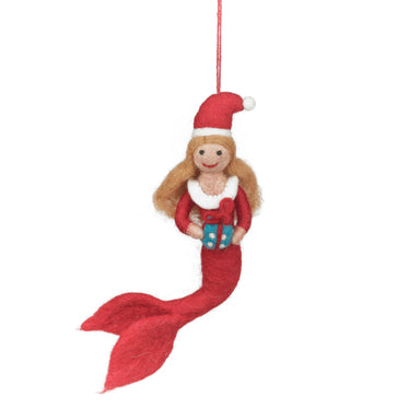 Mermaid ornament wearing a Santa hat