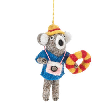Felted koala ornament wearing a life jacket and hat