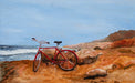 Chris Hinck painting red bike at beach