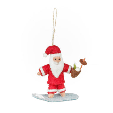 Colorful Handmade Felt Surfing Santa Christmas Hanging Decoration riding a surfboard with a cocktail, perfect for beach lovers.