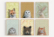A collection of six fine art prints featuring animals including a fox, owl, rabbit, bear, and another owl, set against vintage wallpaper backgrounds, created by artist Emily Uchytil, titled 'Rabbit - Fine Art Print'.