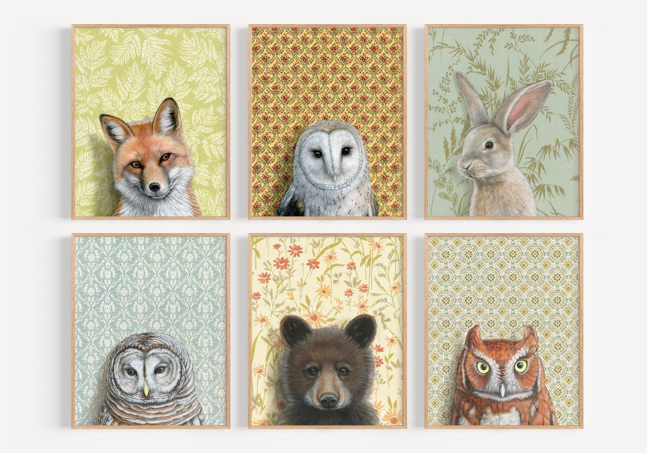A collection of six fine art prints featuring animals including a fox, owl, rabbit, bear, and another owl, set against vintage wallpaper backgrounds, created by artist Emily Uchytil, titled 'Rabbit - Fine Art Print'.