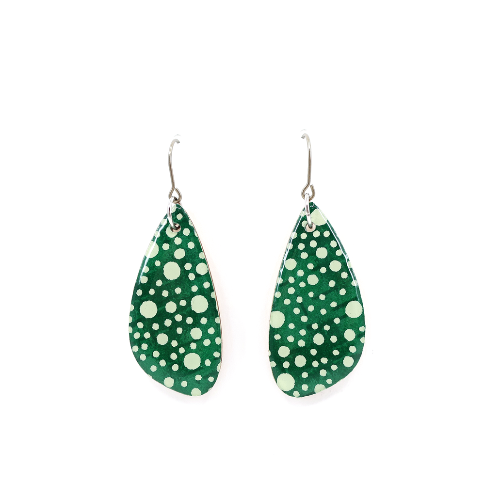 Close-up view of deep green polka dot Japanese Chiyogami wooden earrings, showcasing the intricate craftsmanship and UV-cured resin finish.