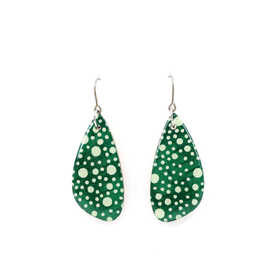 Close-up view of deep green polka dot Japanese Chiyogami wooden earrings, showcasing the intricate craftsmanship and UV-cured resin finish.