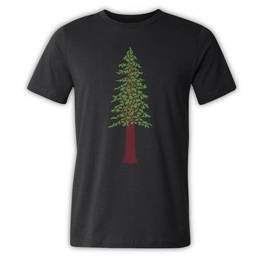 Black t-shirt with a greed redwood tree design