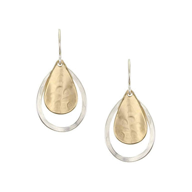 Curved Teardrop and Teardrop Rings Wire Earrings showcasing a small brass teardrop layered over a hammered ring, perfect for stylish accessories.