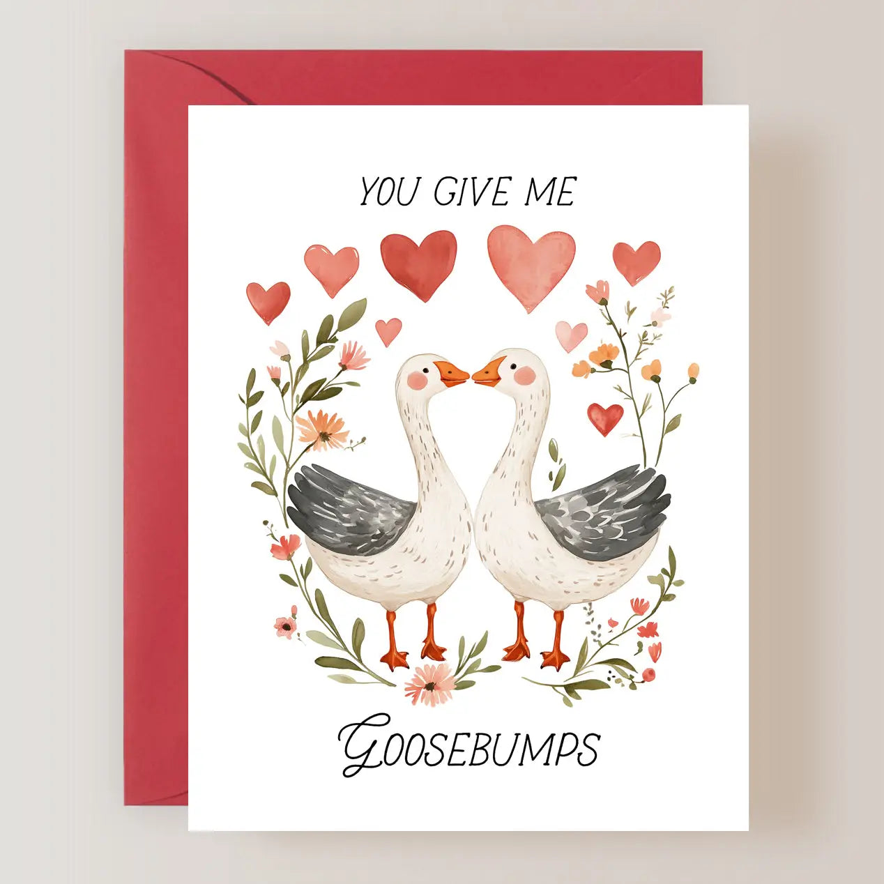 Firefly Paper Studio Card Collection illustrating two ducks surrounded by hearts and flowers, captioned 'You Give Me Goosebumps', perfect for romantic cards.