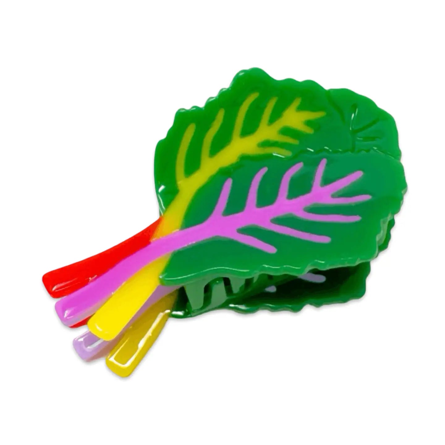 Vibrant green Mini Hair Claw designed to resemble colorful Swiss chard leaves, perfect for a fun and stylish look. Made by Jenny Lemons, this accessory is part of the Mini Hair Claw | Assorted Fun Foods range.