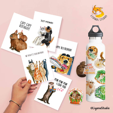greeting card variations with waterbottle with stickers