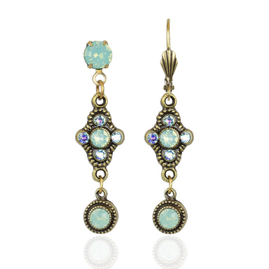 Pair of drop antiqued earrings with turquoise stones and gold accents 
