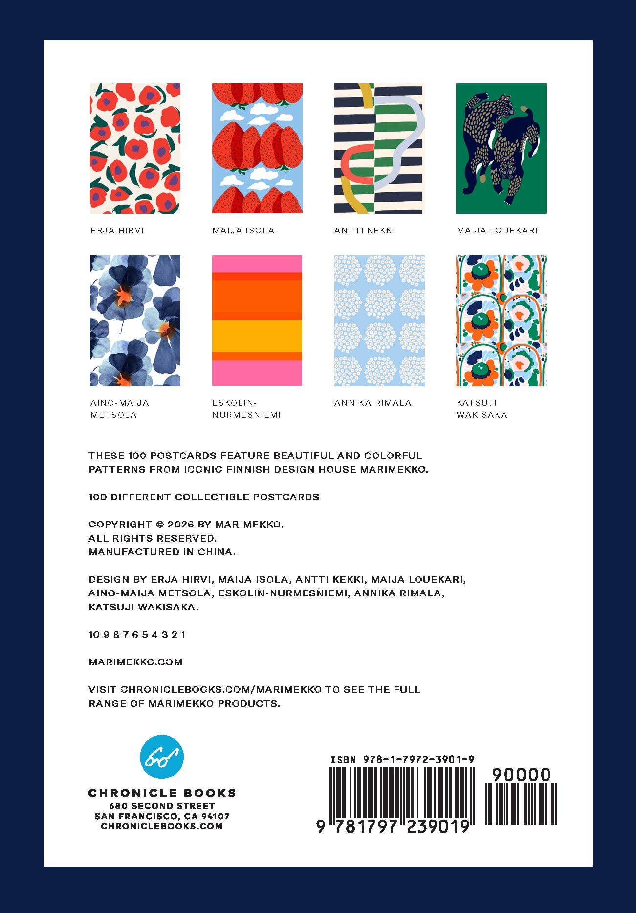 Back cover of the Art of Marimekko Postcard Box showcasing a collage of various artistic patterns and design elements by Chronicle Books.