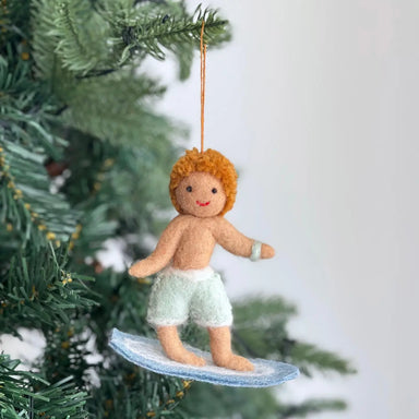 Felt Surfer Boy Ornament in black, capturing the joy of summer, an ideal playful decoration for festive settings.