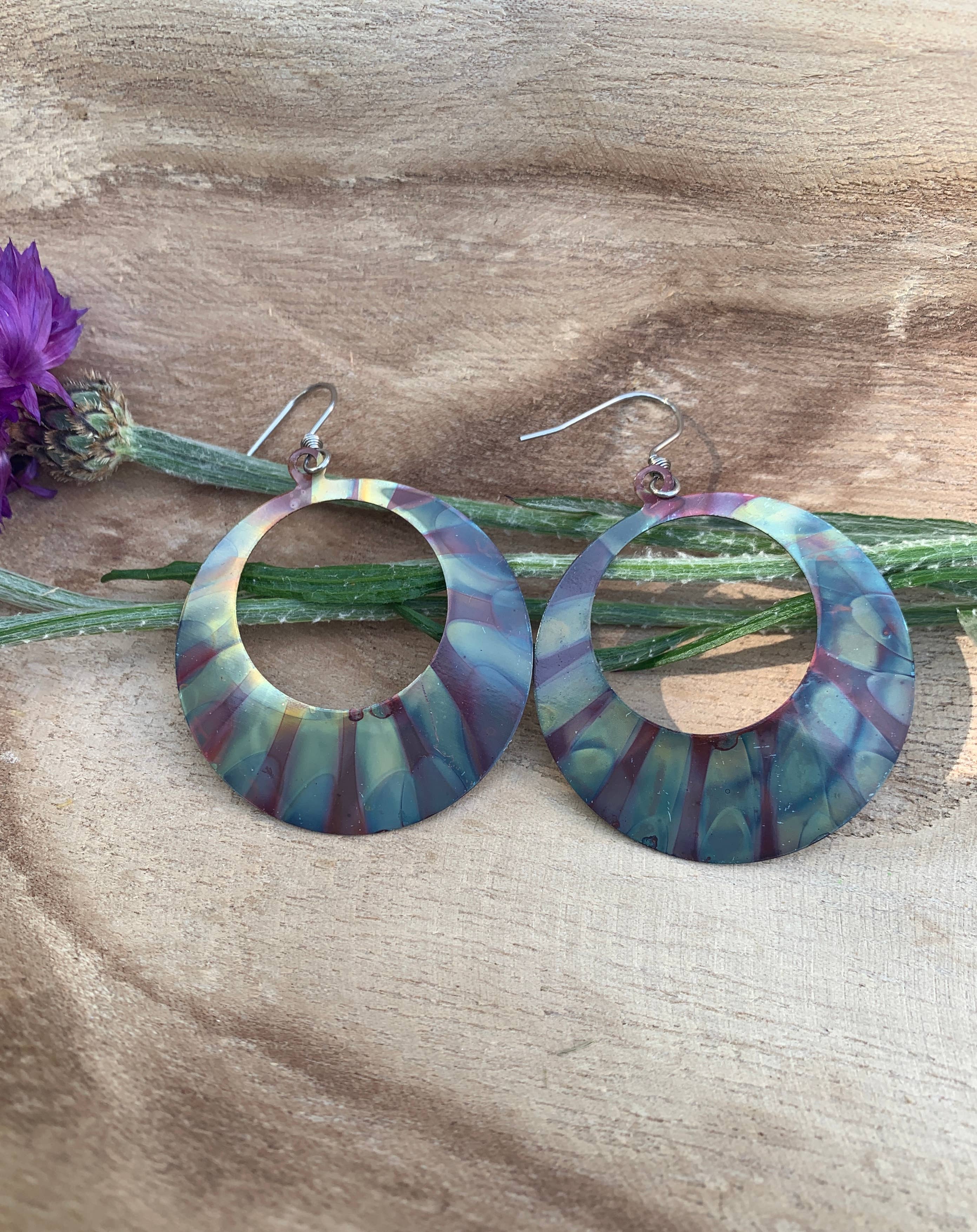 Display of Boho Large circle earrings on card, depicting stunning copper design and protective coating for lasting beauty.