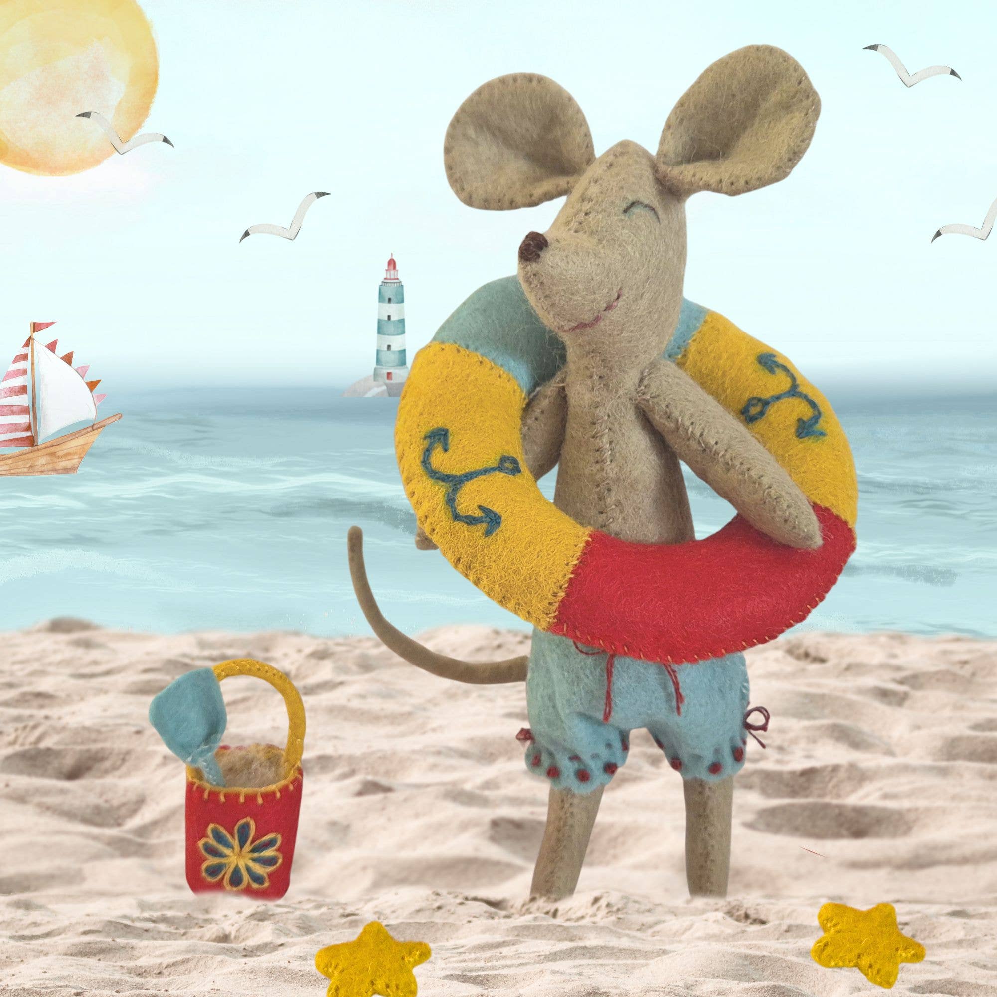 Little Mouse at the Seaside enjoying fun in the sun, building sandcastles and splashing in the waves, perfect for adding a nostalgic touch to your decor.