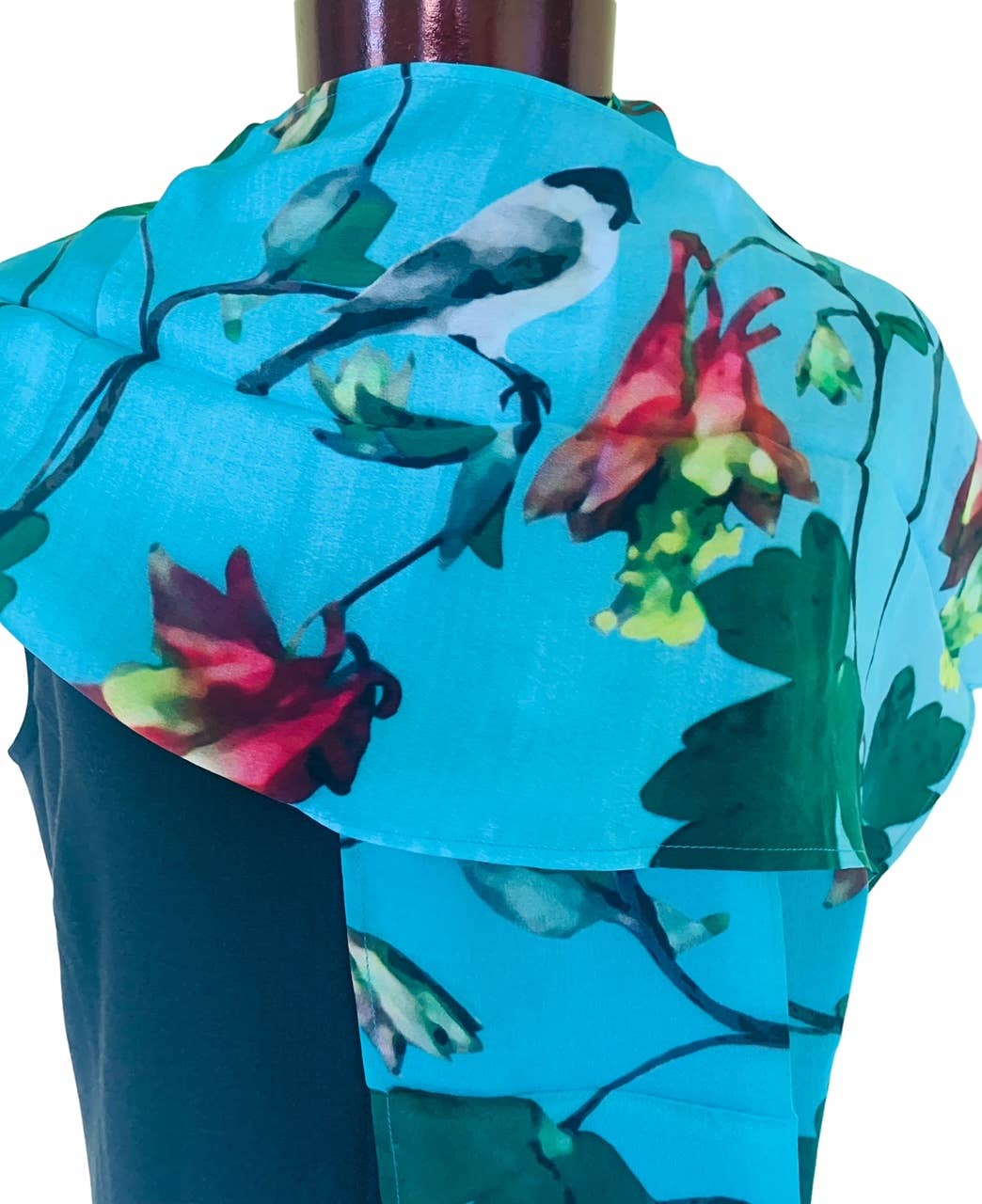 Columbine Chickadees silk scarf by Nina J, limited-edition wearable art inspired by nature