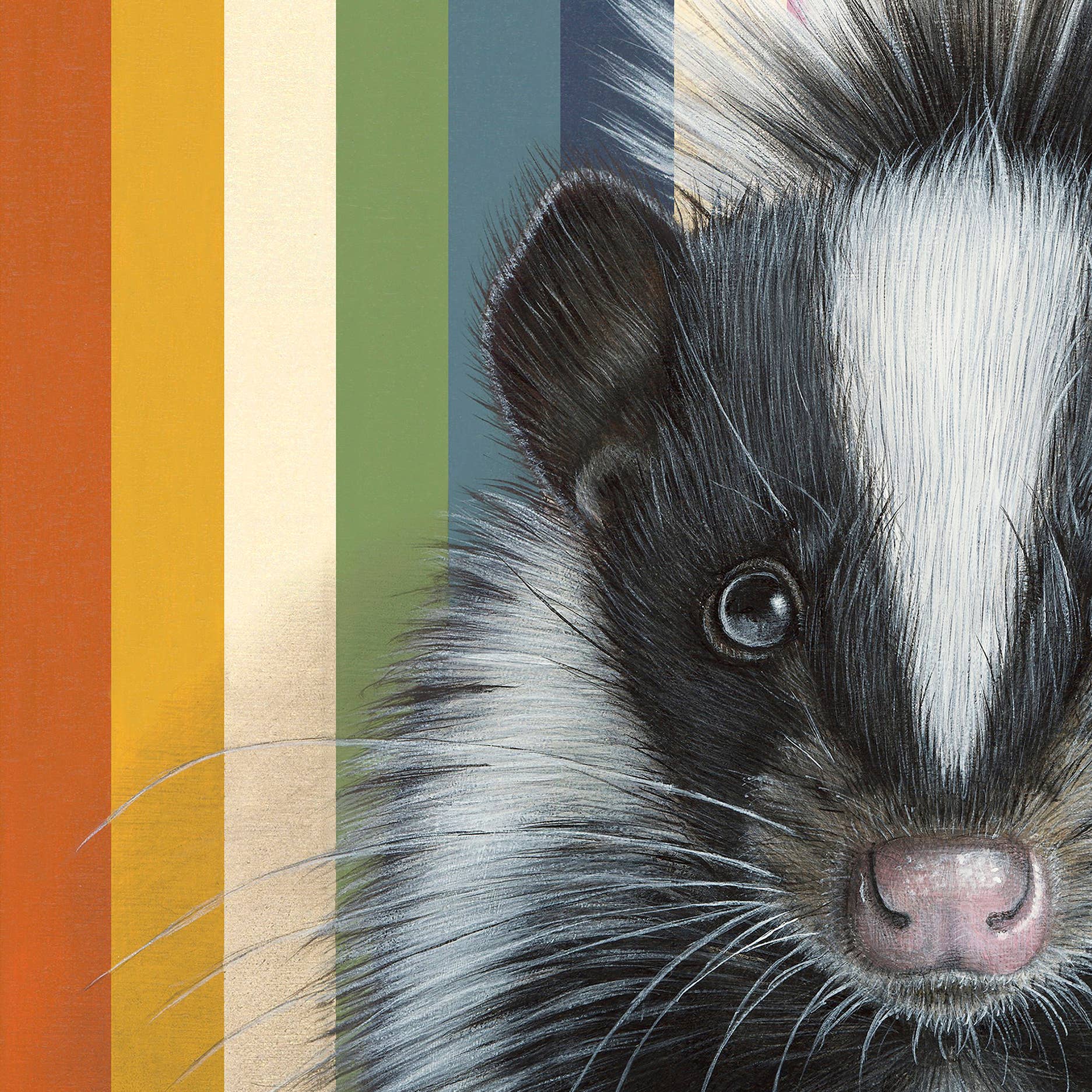 Skunk - Fine Art Print, displaying a skunk with retro stripes, a fantastic piece to tickle your funny bone and please your eyes.