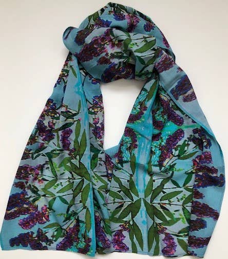 Purple Posies cotton scarf by Nina J, limited-edition wearable art inspired by nature