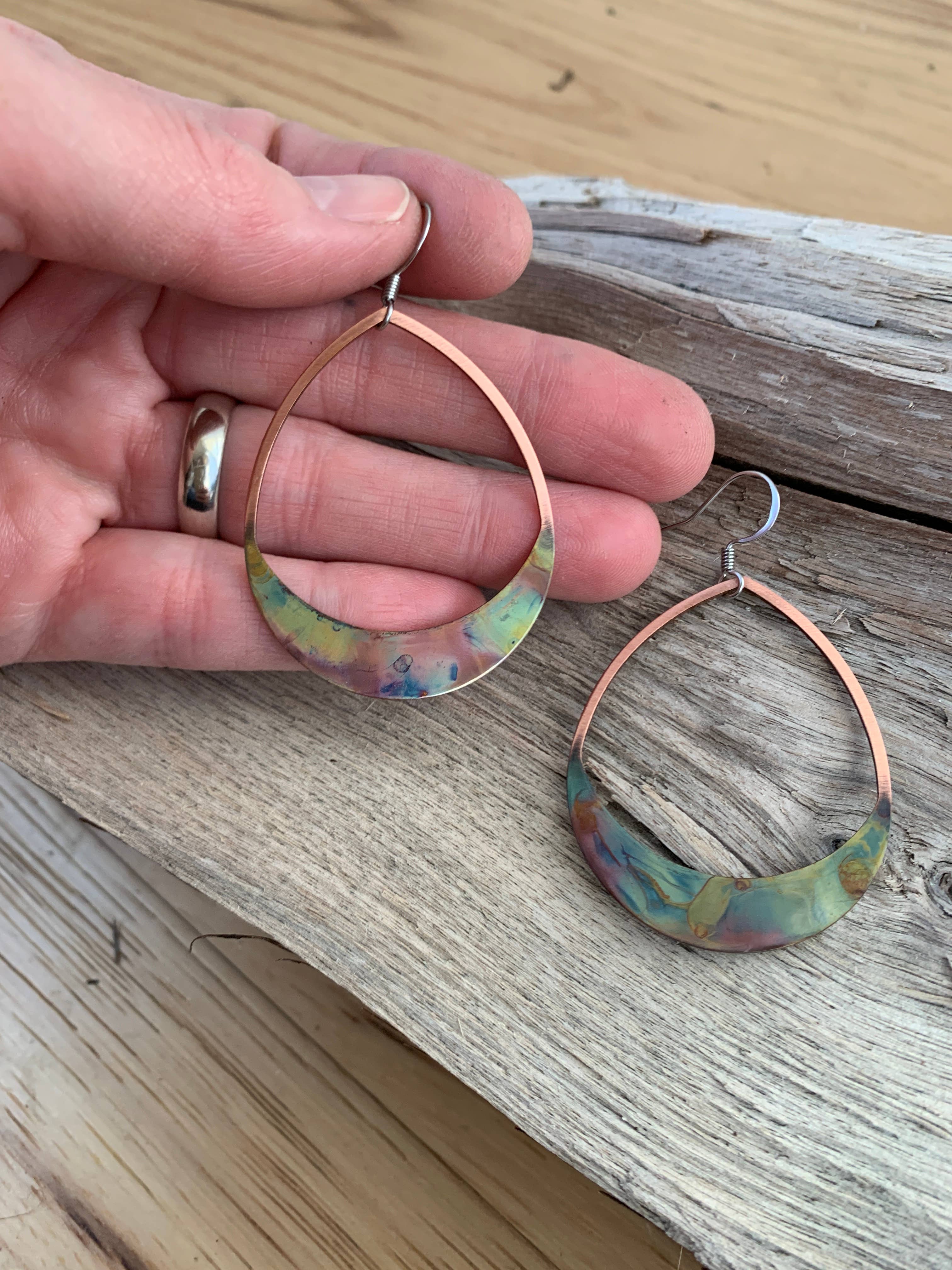 Rounded Teardrop Fire Painted Copper Earrings - Brightly colored, lightweight earrings measuring 11/2 inches across and hanging over 2 inches long.