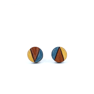 Color block mini circle titanium earrings in mustard and navy, crafted with Japanese Washi paper and UV-cured resin.