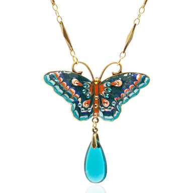 Butterfly-shaped pendant with a blue teardrop charm on a gold chain 