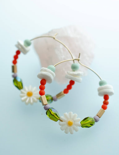 beaded hoop earrings with flower