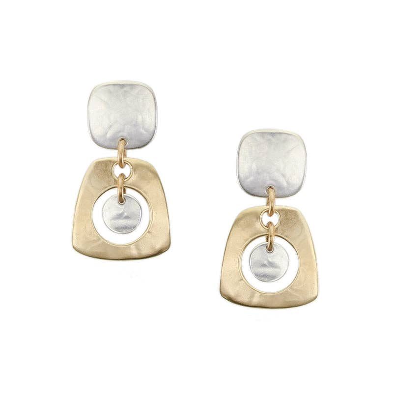 Square with Cutout Tapered Rounded Rectangle with Hanging Disc Post Earrings by Marjorie Baer, handcrafted jewelry made in California