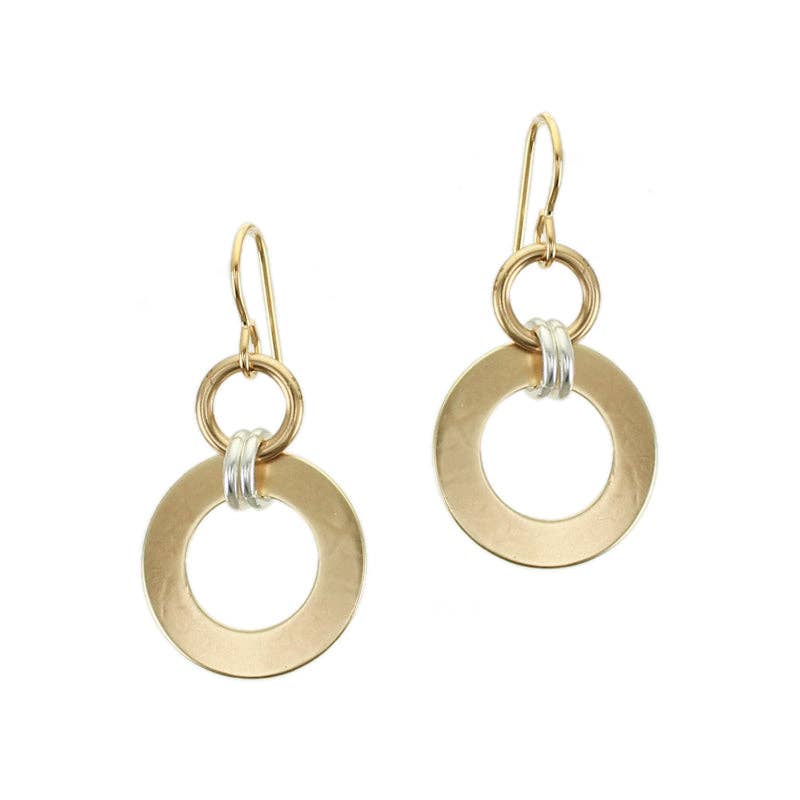 Medium Double Linked Rings Wire Earrings by Marjorie Baer, showcasing a stylish design with a medium brass ring linked to a smaller brass ring, perfect for modern fashion.